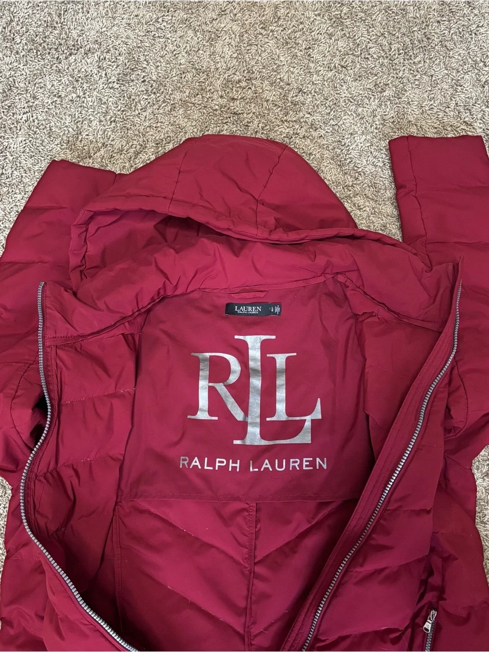 Ralph Lauren Women's Hooded Quilted Puffer Coat - Burgundy womens large style